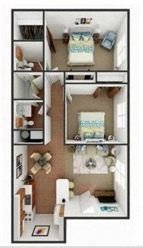 A top-down view of a small apartment with a kitchen, living room, and bedroom.